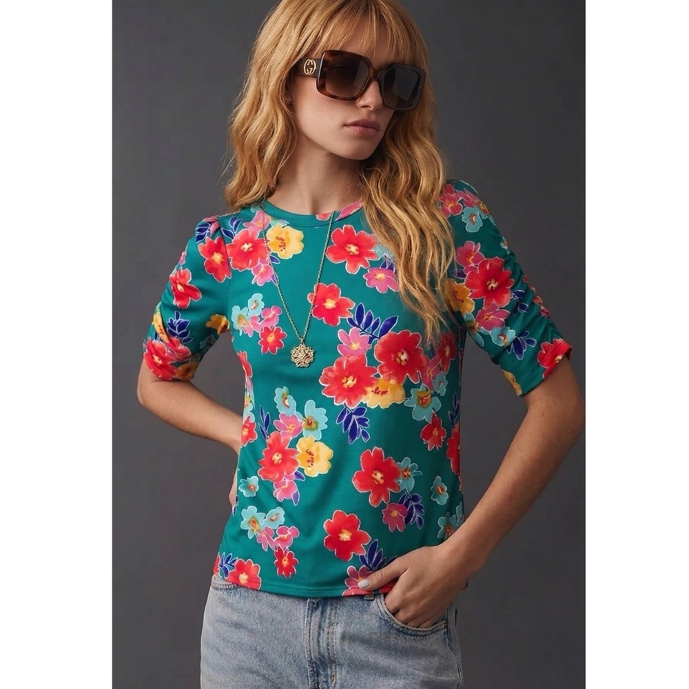 HAPTICS The Coastal Garden Shirred Sleeve Knit Top Summer Teal Botanical S, M, L